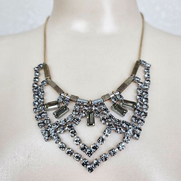 Madewell Smokey Gray Crystal Rhinestone Necklace Bib Statement Brass Snake Chain - Picture 1 of 14